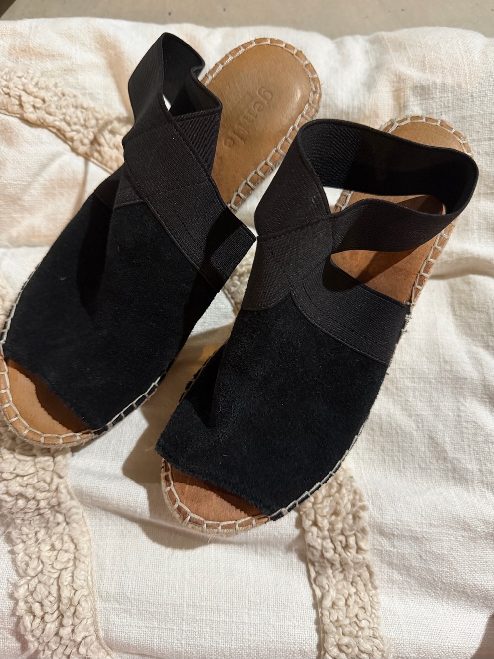 Black Suede Elastic Strap Women’s Wedge Sandals